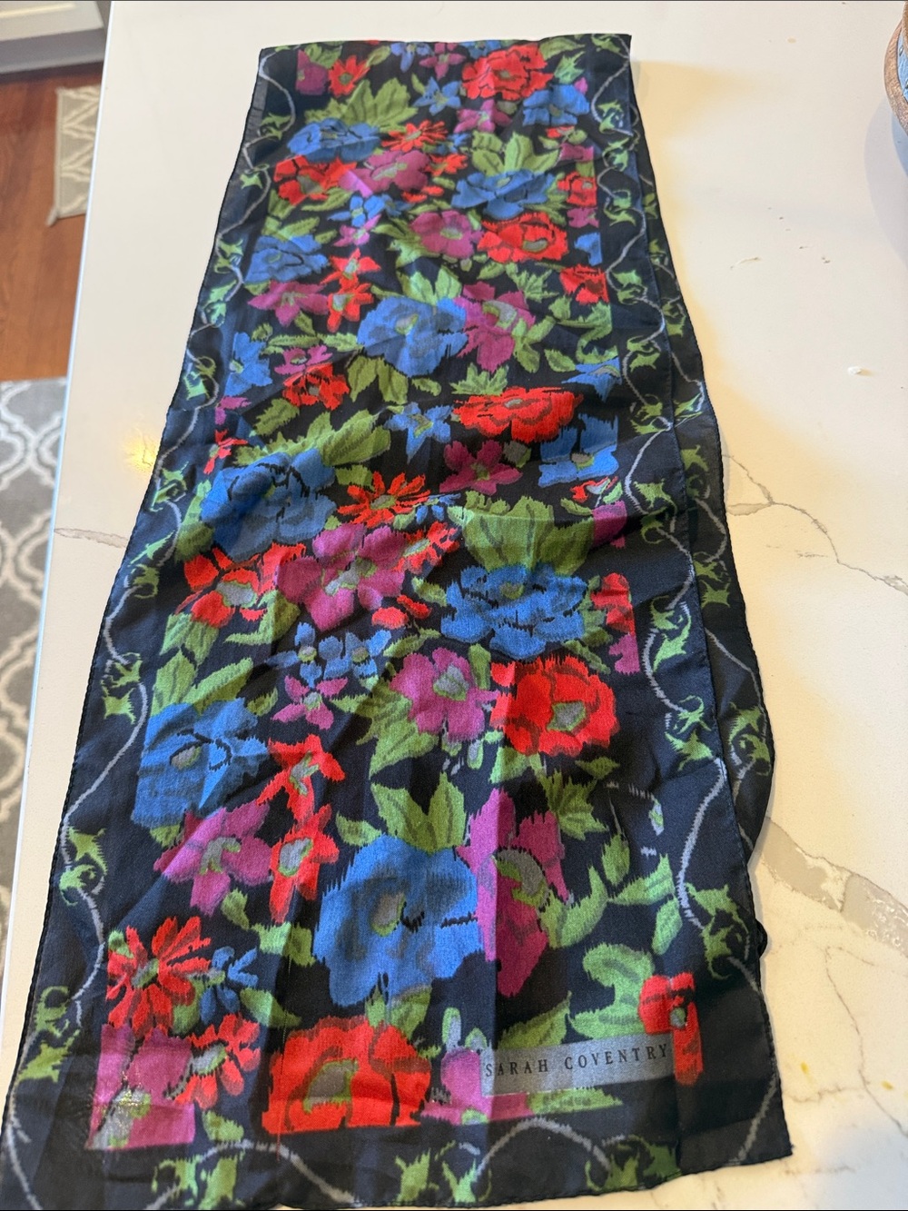 Vintage Sarah Coventry Floral Black Multicolor rectangular Scarf